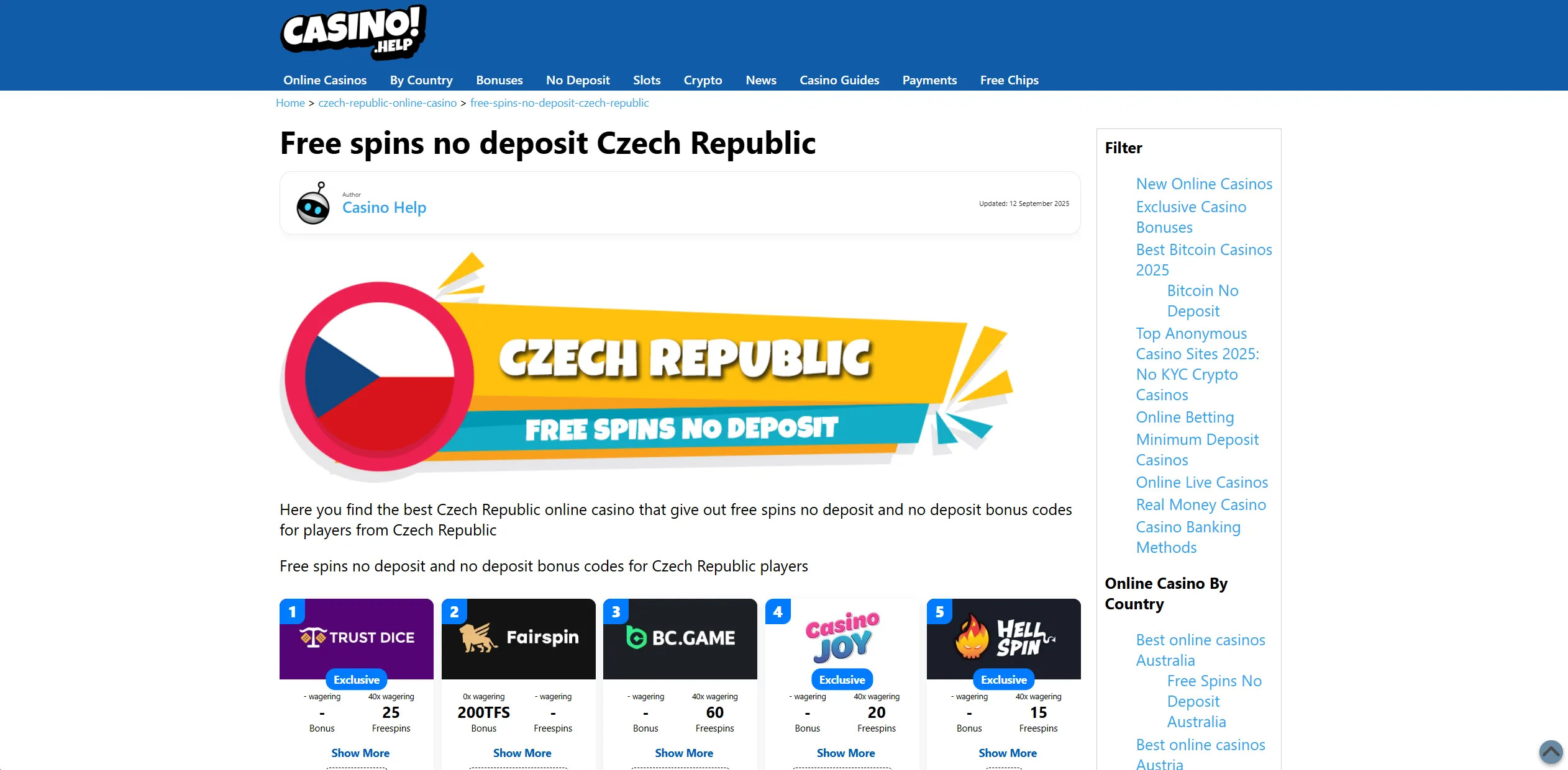 Screenshot of Casino.help - Free spins no deposit Czech Republic - Casino Help